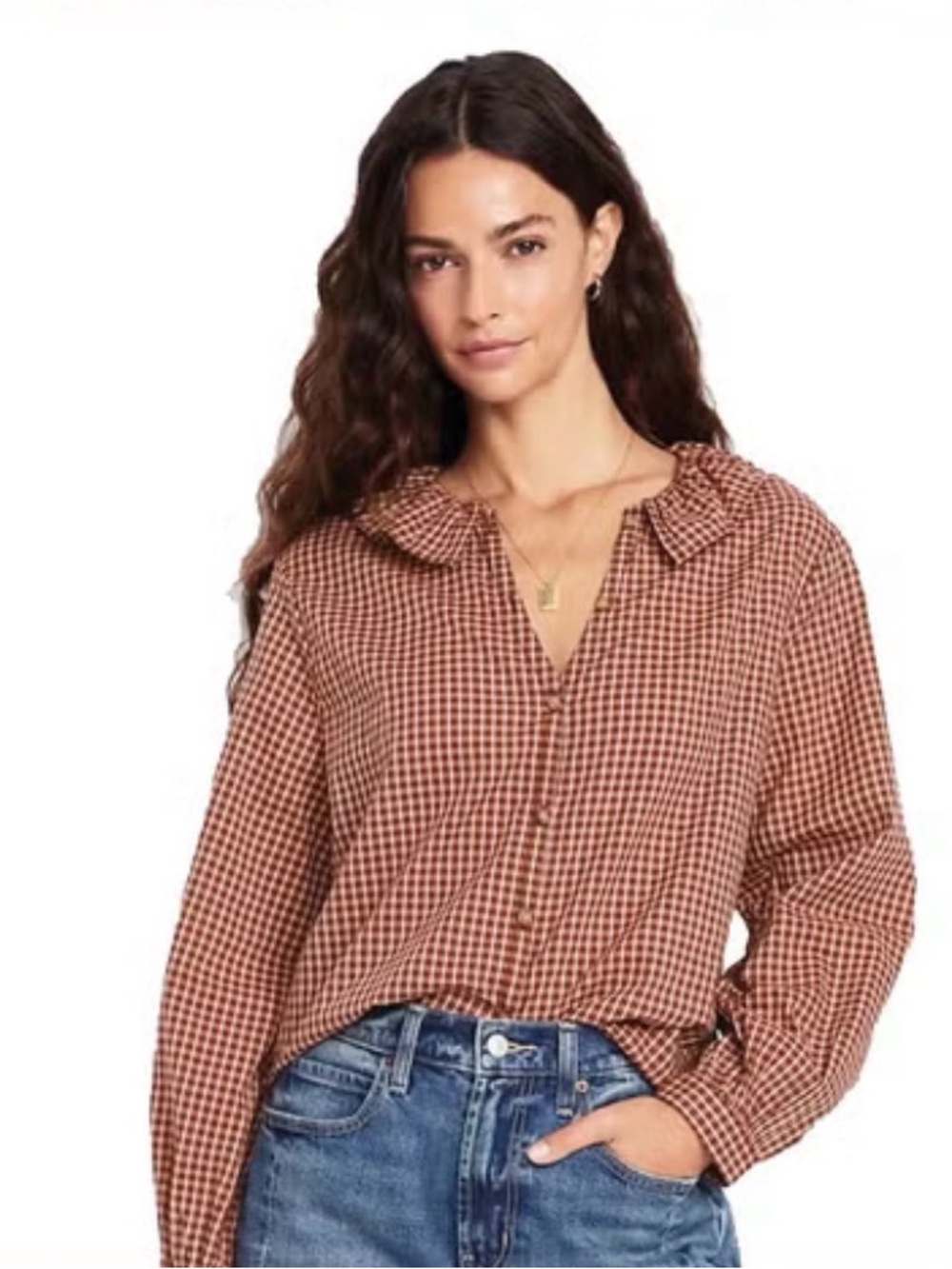 Oldnavy-Cottagecore-Plaid-Button Down-Ruffle Collar-Blouse-S